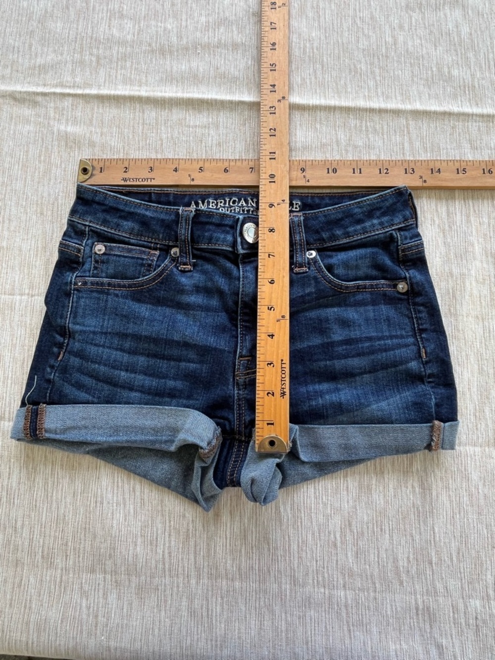 American Eagle Outfitters Dark Blue Rolled-Hem High Rise Shortie Denim Shorts 0 - Picture 5 of 10
